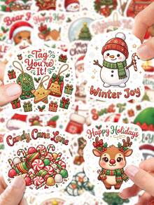 50Pcs PP Merry Christmas Stickers, Classic Happy Christmas Style, Including Santa Claus, Snowmen, Reindeer, Christmas Bears, Holiday English Slogans Elements, For Journal Collage, Skateboard, Tablet, Notebook, Storage Box, DIY Craft Decor - Multicolor - View 2