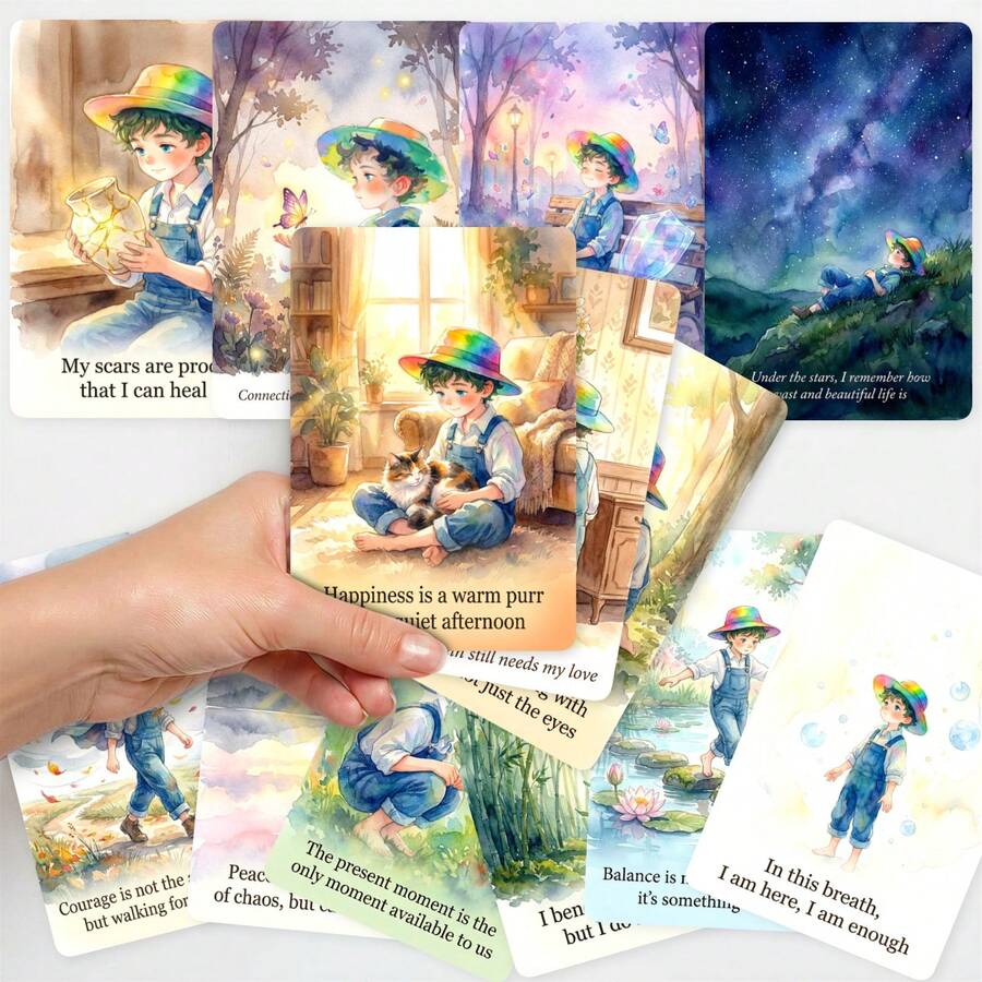 36Pcs Cozy Watercolor Kindness Cards, Gentle Boy & Kitten Illustration Quote Flashcards, Inspirational Art Cards For Journaling, Desk Decor & Gift - Multicolor - View 1