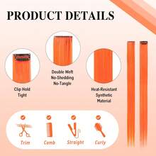 5 Pcs Orange Hair Extensions | 24" Clip In Hair Extension | Colourful Straight Long Hair Extensions Clip In Hair Synthetic Straight Hair - Orange - View 8