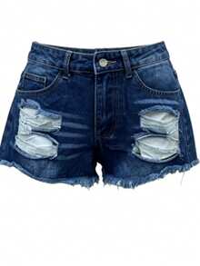Fashionable Casual Vacation Style Washed Frayed Distressed Loose Denim Shorts For Women Summer - Dark Wash - View 8
