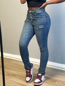 Plus Size Women Button Ripped Pocket Slim Fit Jeans - Dark Wash - View 4