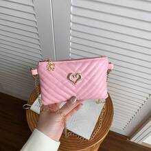 Girls Sweet Heart Metal Decor Shoulder Bag V-Quilted Mini Crossbody Bag Gold Chain Coin Purse Kids Outing Accessory Bag - A - View 10