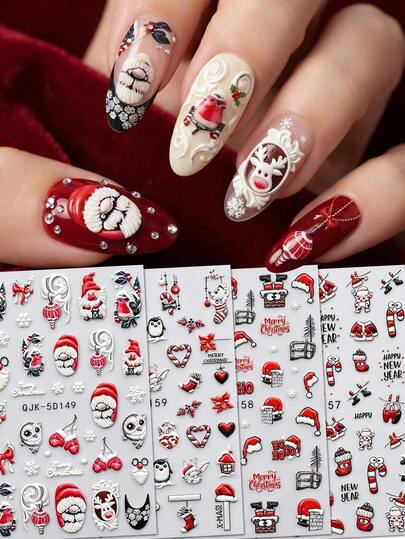 4 Sheets 5D Embossed Christmas & New Year Nail Stickers, Holiday Gift Winter Cute Gnome Robin Owl Santa Claus Stocking Chimney Penguin Mouse Rabbit Heart Patterns, Holiday Party Date Daily Decoration, Nail Artist Supplies