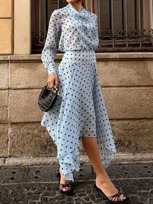 Women's Polka Dot Asymmetrical Hem 2 Pieces Set, Long Sleeve Semi-Sheer Top With Flowy Skirt, Spring Outfit, Non-Stretch Fabric, Comfortable Wear - Blue - View 2