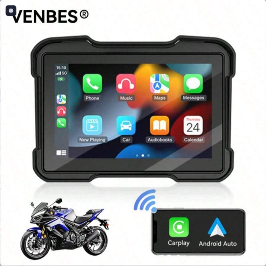 VENBES Layar Sentuh PND Sepeda Motor Tahan Air 5 Inci, Layar Sepeda Motor Nirkabel CarPlay dan Android Auto yang Dapat Dilepas Cepat, Pemutar Media Bluetooth