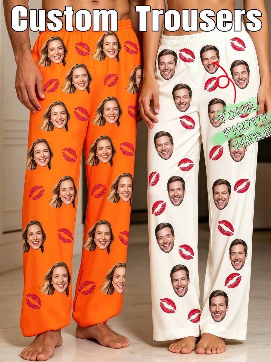 Customized Photo Pajama Pants - Perfect Gift For Husband/Wife, Suitable For Wedding, Anniversary, Christmas, Personalized Pet And Couple Face Styles, Unisex - Orange - View 1