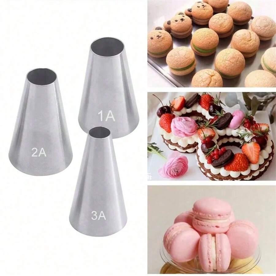 3pcs Large Round Metal Cake Cream Decorating Piping Tips, Stainless Steel Piping Nozzles, Baking Tools #1A #2A #3A - Multicolor - View 1