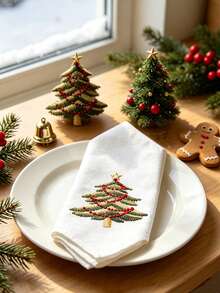 1pc/2pcs/4pcs Christmas Tree Embroidered Fabric Napkins, White Reusable Table Napkins, Holiday Table Decoration For Christmas Dinner, Thanksgiving & Winter Party - Multicolor - View 4