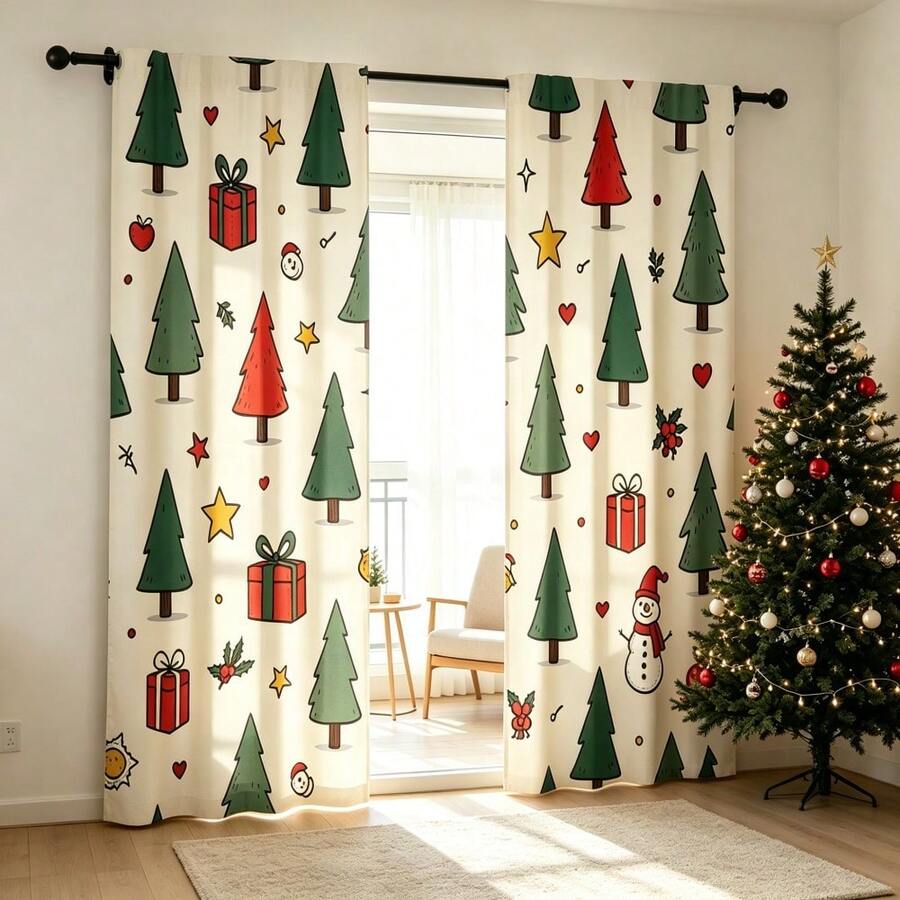 2pcs Cartoon Christmas Tree Ready-Made Curtains,2D Flat Print With Doodle Christmas Tree,Gift Box,Snowman And Heart Pattern,Cream Off-White Background,Cute Whimsical Style,Rod Pocket Curtains For Living Room, Bedroom,Holiday Decor - Multicolor - View 1