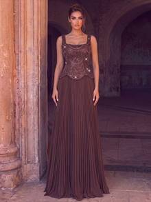 Luxury Elegant Beaded & Sequined Pleated Long Formal Evening Gown Party Wedding Brown Fall - Brown - View 7