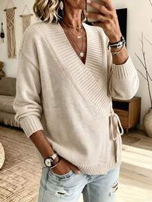 Live To Mo Women's V‑Neck Wrap Knit Sweater, Side Tie Detail, Loose Long Sleeve Solid Color Elegant Knitted Top For Fall Winter Casual Outfits - Apricot - View 1