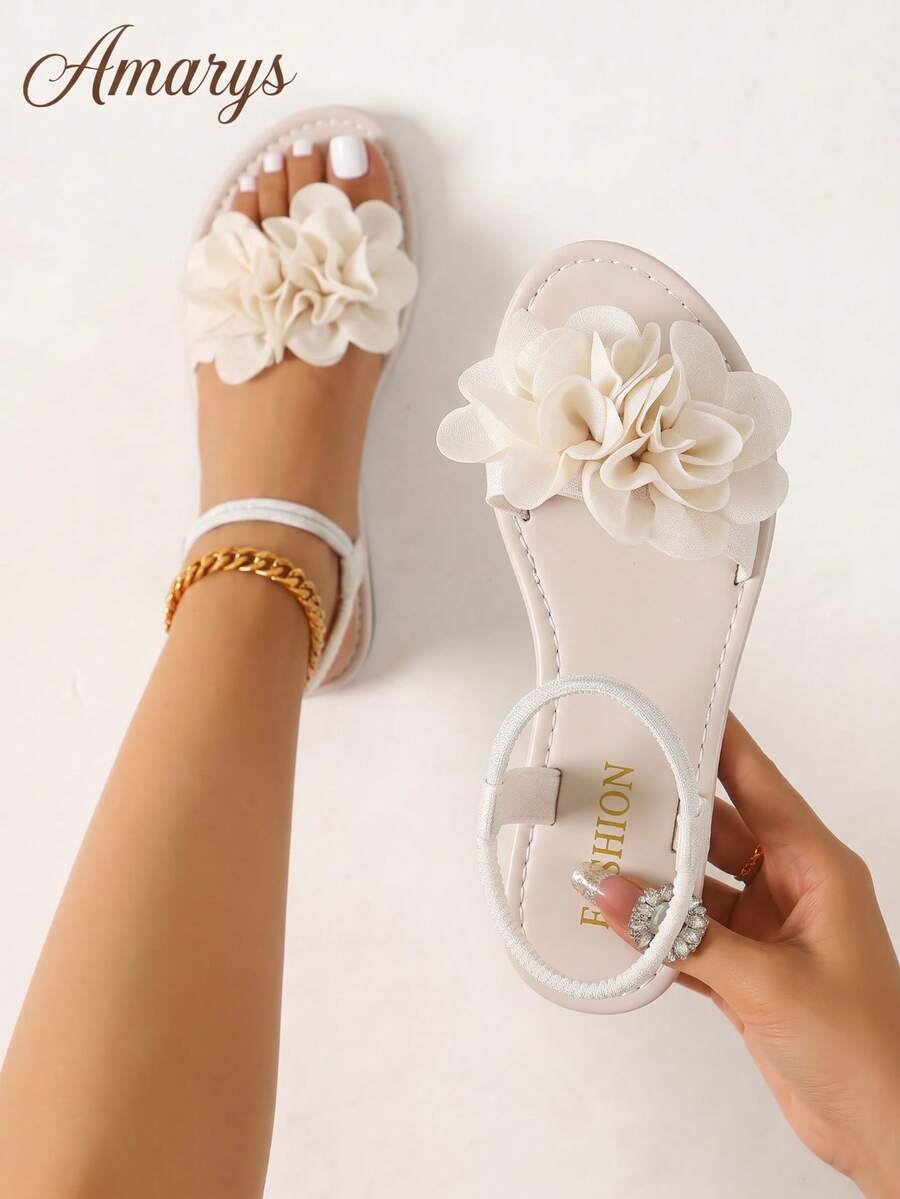1 Pair Women's Flat Sandals With 3D Flower Decor, Elastic Back Strap Casual Slides - Beige - View 1