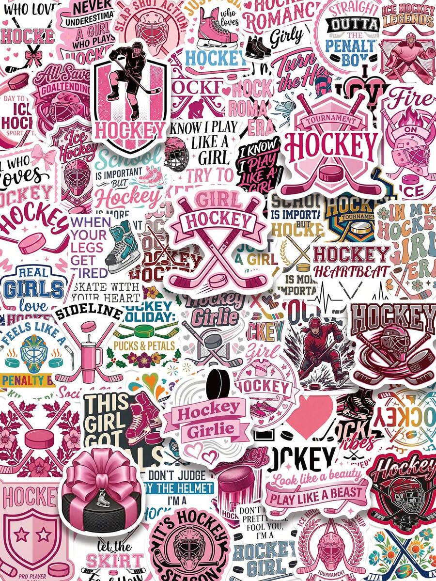 60pcs Pink Girly Hockey Stickers, Waterproof Vinyl Stickers, Suitable For Phone Cases, Tablets, Laptops, Water Bottles, Journals - Pink - View 1