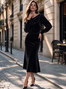 Fall Vintage Draped Neck Midi Dress For Women, Long Sleeve Ruched Waist Mermaid Hem Dress, Halloween Evening Party Dress - Black - View 7