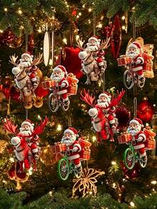 8pcs 2D Flat Santa Claus Hanging Decorations, Santa Riding Reindeer Design, Waterproof And Shatterproof, Christmas Tree Wreath Fireplace Window Decor, Winter Holiday New Year Party Ornament, Christmas Gift - Multicolor - View 6
