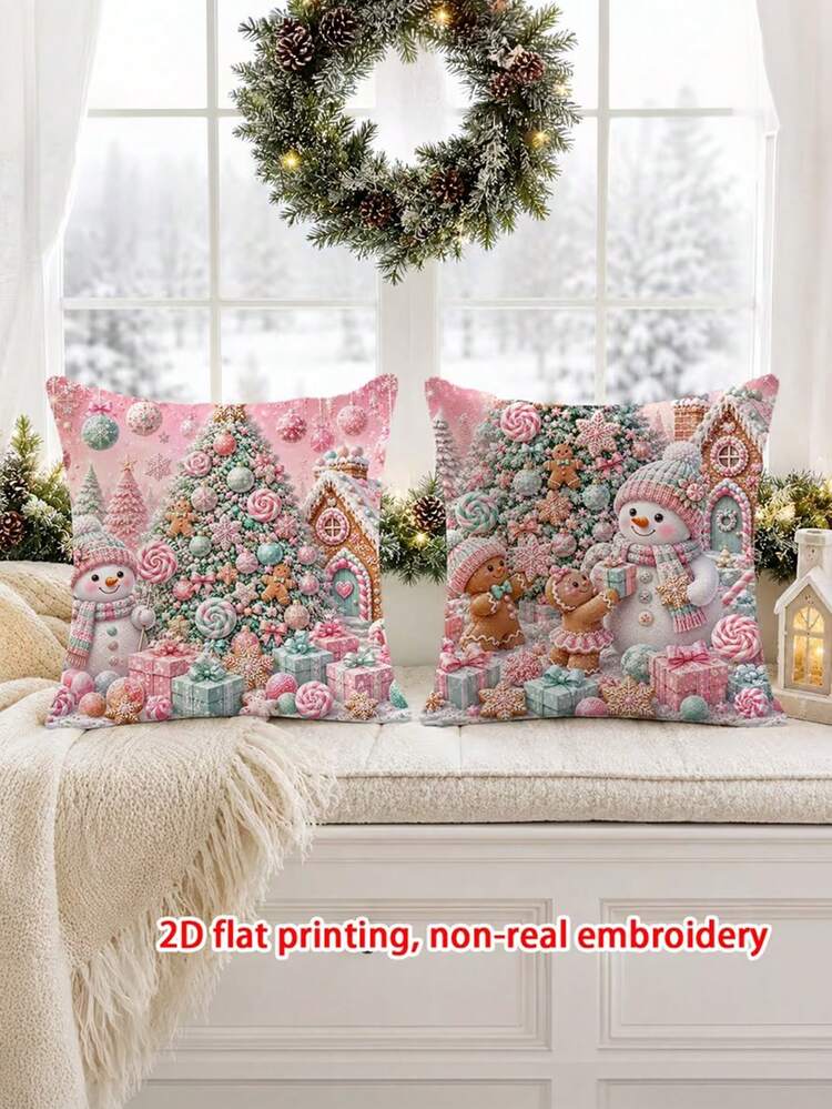 2pcs, 2D Flat Printing Pink Christmas Gingerbread Snowman Throw Pillow Covers, Not Real Embroidery, Living Room Decoration Cushion Cover, Christmas And New Year Home Decoration, No Pillow Core, Single-Sided Printing, Gifts - Baby Pink - View 4