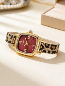 1pc Vintage Quartz Watch For Women, Featuring A Golden Alloy Case, A Small Red Dial, And A Fashionable Leopard-Print Metal Mesh Strap - Red - View 3