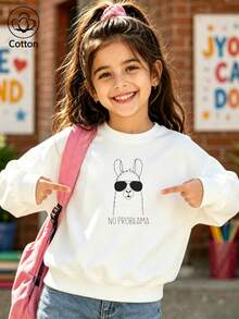 Kids Crewneck Sweatshirt With Cool Sunglasses Rabbit Graphic And 'NO PROBLAMA' Text, White Long Sleeve Cotton Top - White - View 10