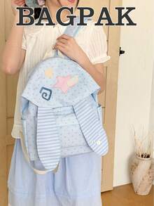Rabbit Campus Backpack, Highly Attractive Little Rabbit Striped School Bag, Large Capacity, Double Layer Protection, Adjustable Shoulder Straps, Women's Backpack, Fresh College Style, Suitable For Commuting, Work, Travel And Various Other Scenarios - Blue - View 2