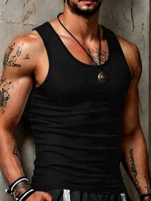 Men's Solid Color Fitness Sports Tank Top, Black, Summer - Black - View 11