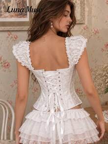 Luna Muse Damen Halloween Korsett Bustier Top, Gothic Court Stil Puffärmel Slim Fit Shaping Bustier, dunkel sexy auffällig, kurzes quadratisches Ausschnitt Tank Top cool raffiniert geeignet für Alltag, Lässig, Party, Urlaub, Date, Straße, Performance, Kostüm, Outdoor, Schulanfang, Punk, Gothic, Musikfestival, Halloween, Valentinstag, Sommerparty, Clubbing, Coachella, Partywear - Weiss - Übersicht 4