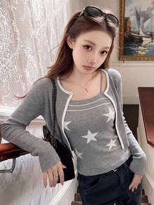 Korean Style Premium Grey Knit Cardigan + Star Print Spaghetti Strap Top Set, Women's Autumn/Winter Hot Girl Style Short Fitted Camisole 2 Pieces Set - Gray - View 3