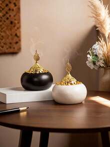 1pc Round Metal & Ceramic Handheld Incense Burner, 2 Colors White & Black, Minimal Natural Luxury Style, Aromatherapy Decor. Perfect For Home, Office, Hotel, Halloween, Christmas & Ramadan Decor. - Incense Burner - View 1