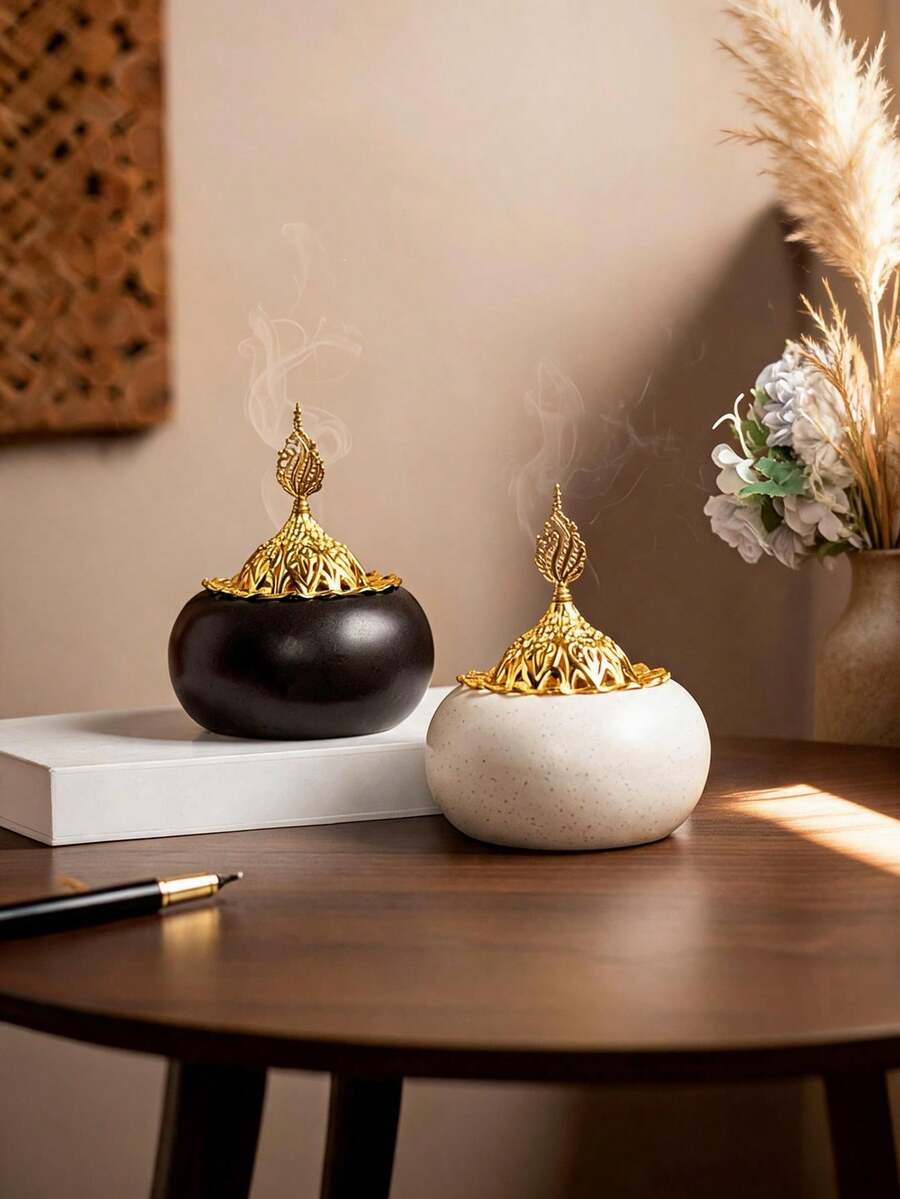 1pc Round Metal & Ceramic Handheld Incense Burner, 2 Colors White & Black, Minimal Natural Luxury Style, Aromatherapy Decor. Perfect For Home, Office, Hotel, Halloween, Christmas & Ramadan Decor. - Incense Burner - View 1