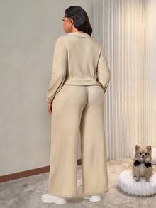 Plus Size Women's Waffle Knit 2 Pieces Set, Apricot Half-Zip Collared Long Sleeve Top + Drawstring Wide Leg Pants, Autumn Casual Street Style Outfit - Apricot - View 2