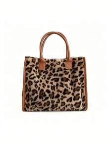 Tas Tangan Wanita Motif Leopard Berbahan Plush dengan Pegangan dan Detail Jahitan, Tas Tote Vintage Kapasitas Besar untuk Belanja Sehari-hari di Musim Gugur/Dingin - Coklat - View 5
