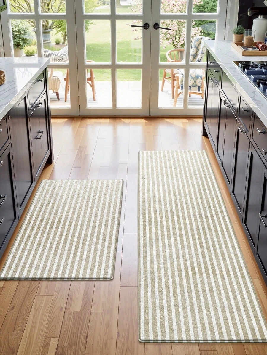 DAJIANG 1pc Minimalist Cream Geometric Line Long Kitchen Runner Rug, Door Mat, Suitable For Bathroom, Kitchen, Bedroom, Living Room, Bedside, Machine Washable, Easy To Clean, Pet-Friendly Decorative Floor Mat