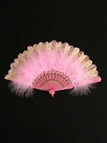 1pc Vintage Women's Feather Tassel Decorated Chinese Folding Fan, Suitable For Stage Elegant Halloween, Wedding Bride, Cosplay, Photo Props - Folding Feather Fan - View 12