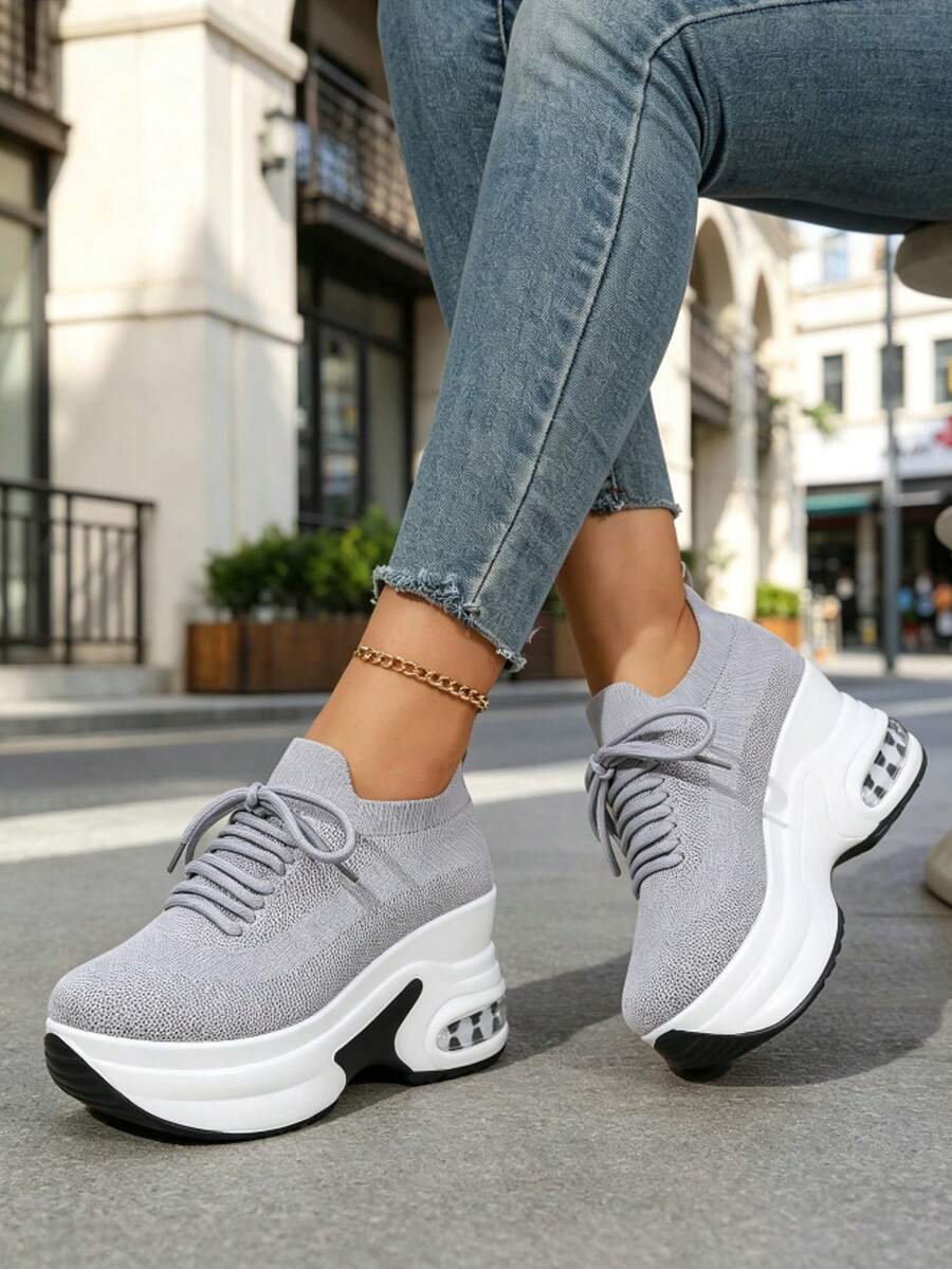 WTKMRSSTEP Spring/Summer New Women's Thick Sole Lace-Up Casual Shoes, Breathable Commuter Versatile Sneakers - Grey - View 1