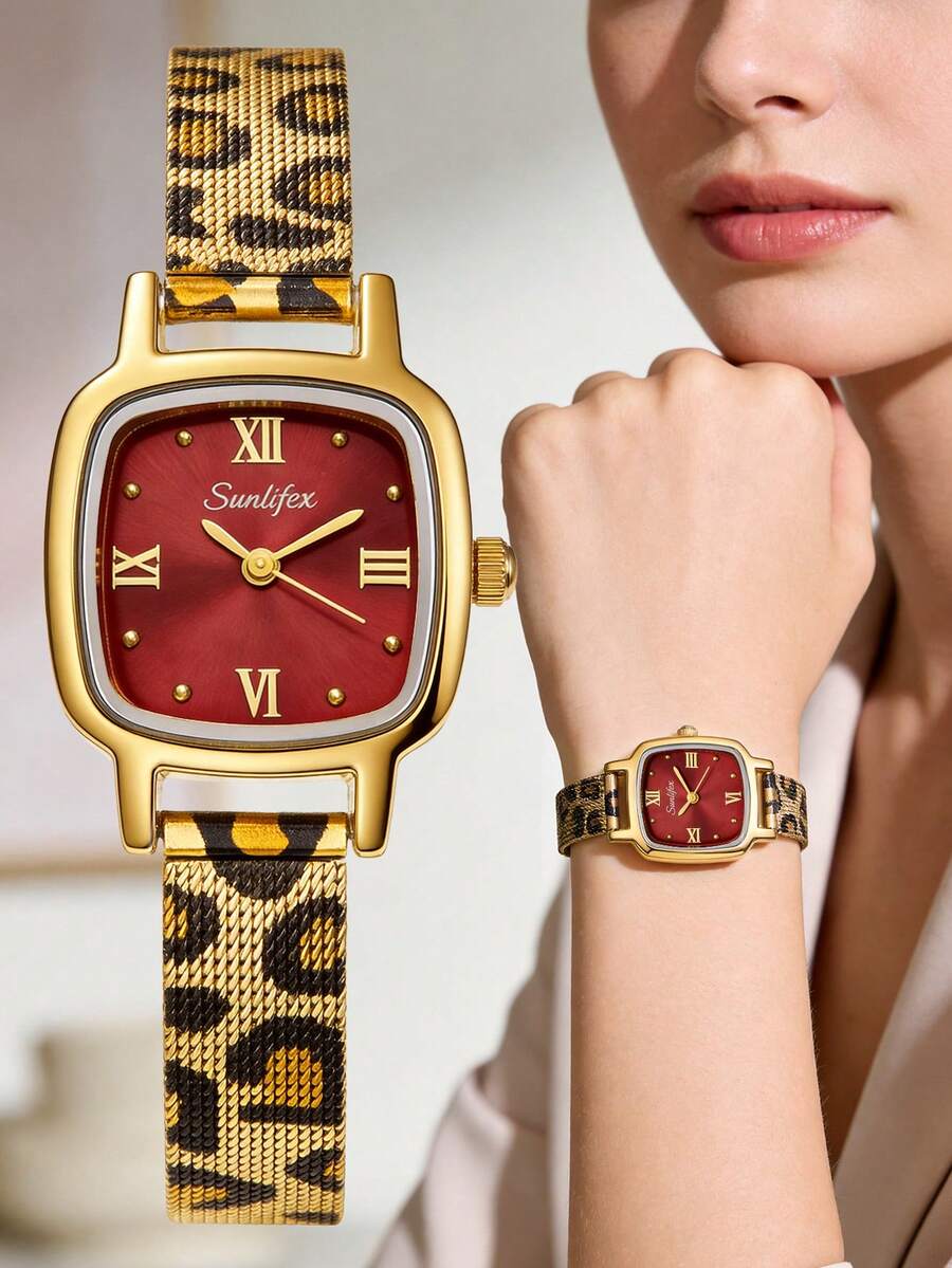 1 buah Jam Tangan Quartz Vintage untuk Wanita, Menampilkan Casing Paduan Emas, Dial Merah Kecil, dan Tali Jala Logam Bermotif Leopard yang Modis - Merah - View 1