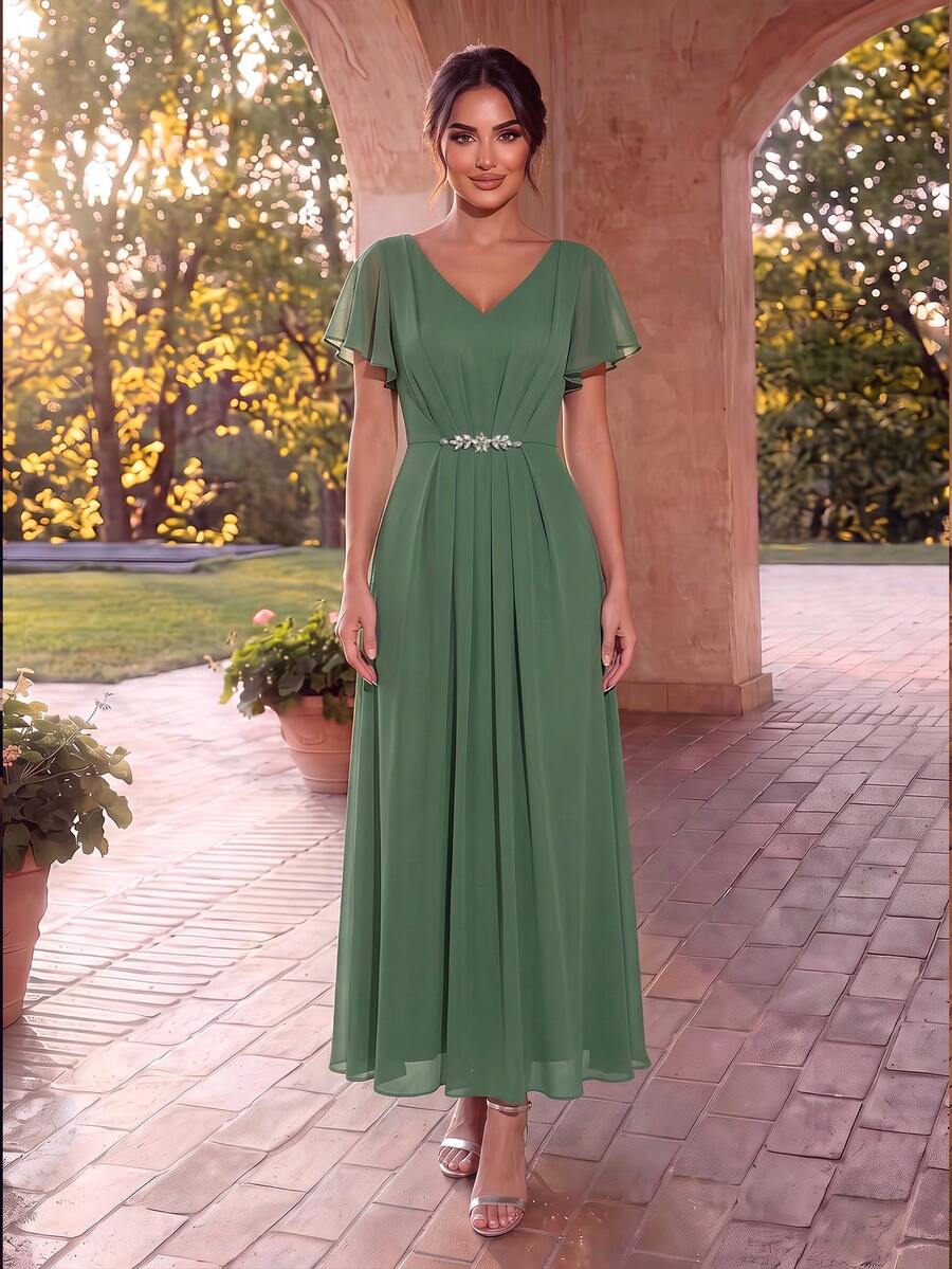 EVERPRETTY Fall Women's Elegant Romantic V-Neck Short Sleeve Ruffle Sleeve Chiffon Mother Of The Bride Dress Green Evening Dress For Wedding - Green - View 1