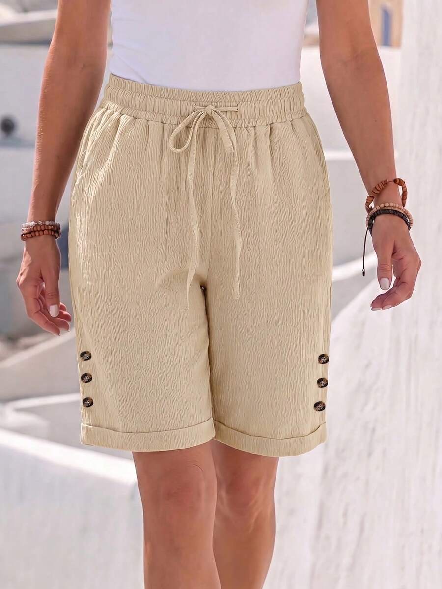 Jisfaneya Women's Button-Pocket Casual Cropped Pants - Khaki - View 1