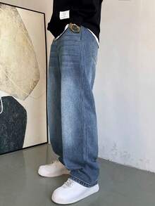 Hearty Haven 1pc Japanese Style Fresh Versatile Washed Casual Wide Leg Loose Straight Leg Denim Jeans For Men - Kindly Check Size Chart - Blue - View 2