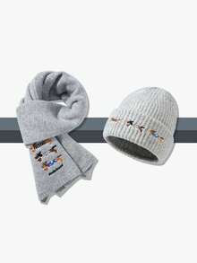 Men's Warm Rib-Knit Beanie Hat & Scarf Set With Dachshund Embroidery, Soft Winter Matching Accessories - Hat and Scarf Set - View 12