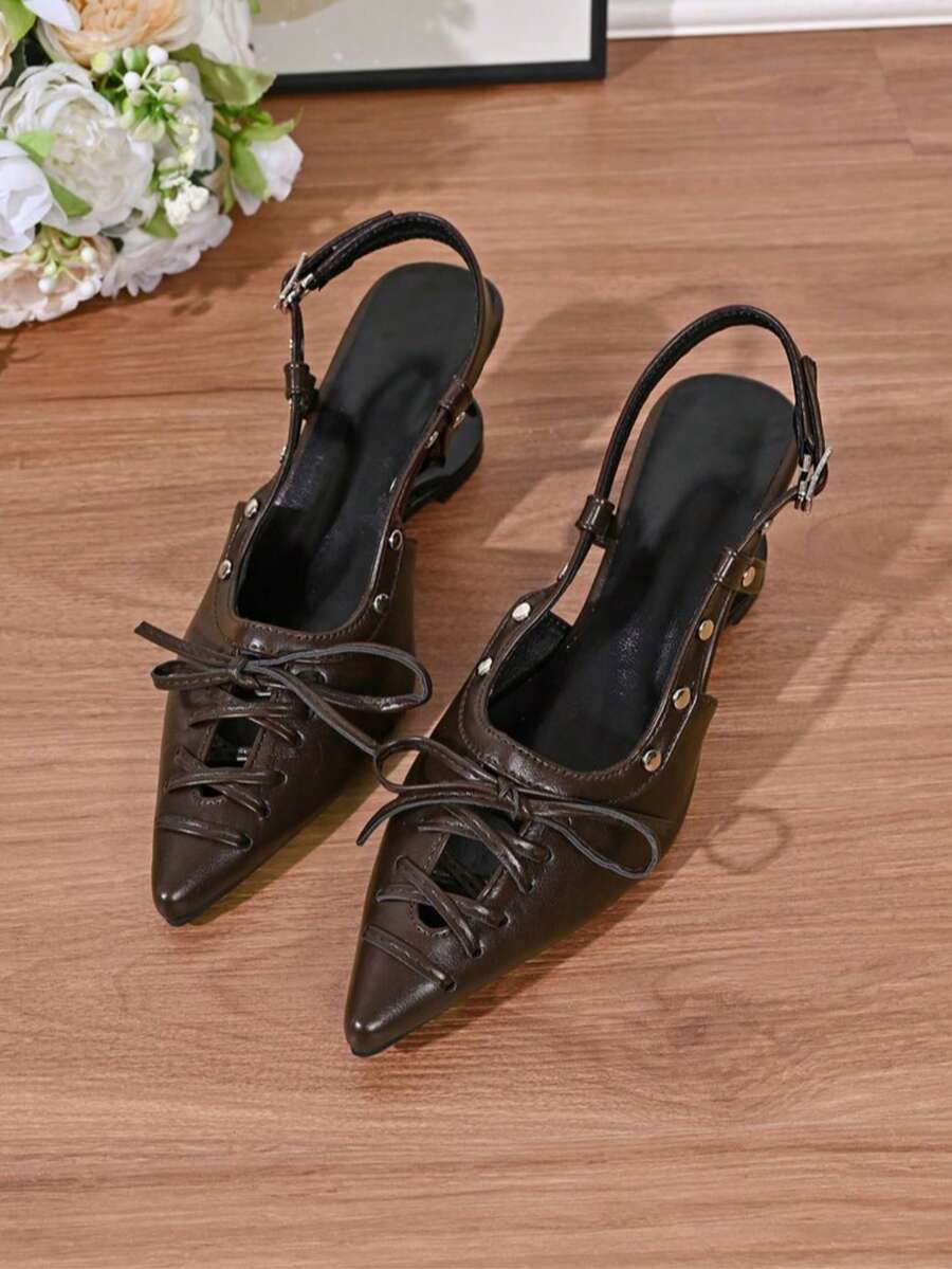 Brown Pointed Toe Rivet Bow Tie High Heel Sandals, Unique Heel Design, Versatile Wear With Dresses, Summer New Arrival - Brown - View 1