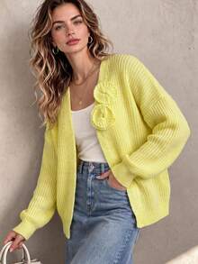 Women's V-Neck 3D Floral Decor Knitted Cardigan, Loose Drop Shoulder Long Sleeve Front Open Sweater - Yellow - View 6
