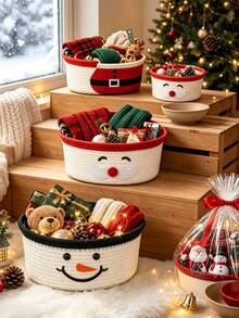 3pcs Christmas Cartoon Storage Baskets, Santa Claus & Snowman Storage Baskets With Gift Bags And Ribbons, Holiday Clutter & Gift Storage Baskets, Home Organization Storage Baskets, Christmas Party Decor, Cute Gift Packaging Storage Boxes - Multicolor - View 5