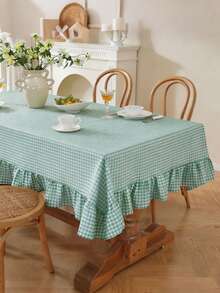1PC French Vintage Plaid Tablecloth, Farmhouse Retro Style With Scalloped Edge, Skin-Friendly, Washable And Reusable, Suitable For Home Kitchen, Dinner, Outdoor Activities, Living Room, Dining Room, Party, Gathering, Daily Home Decor - Green - View 2