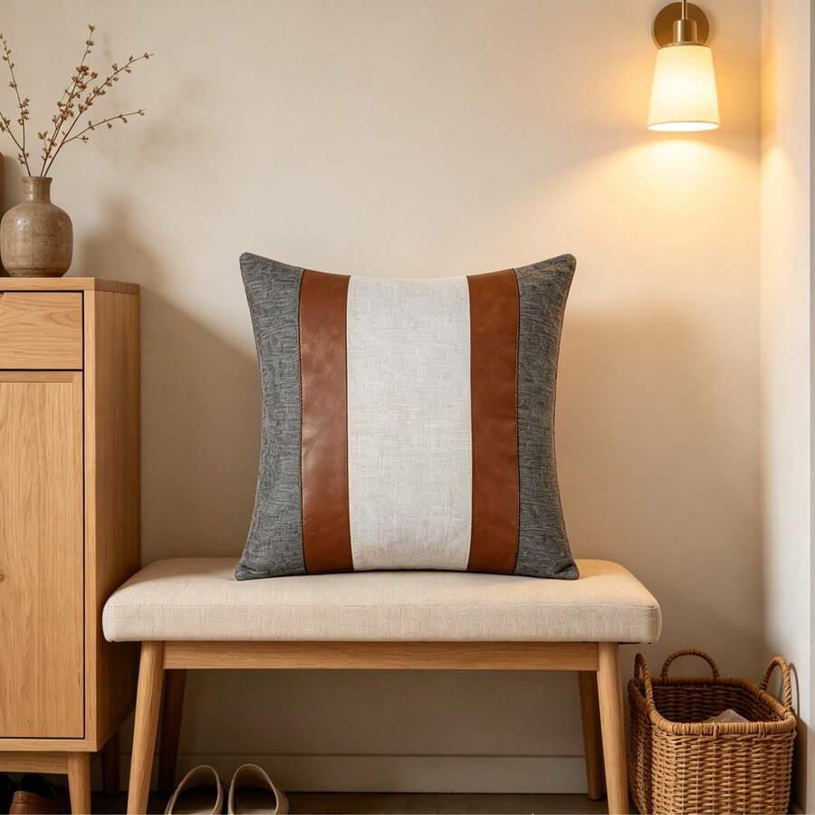 1pc Striped Patchwork Pillow Case, Faux Leather & Linen Pillow Cover, Sofa Cushion Cover, Modern Farmhouse Home Decor, Country Style Living Room Sofa Home Decoration, Pillow Insert Not Included - Beige - View 1