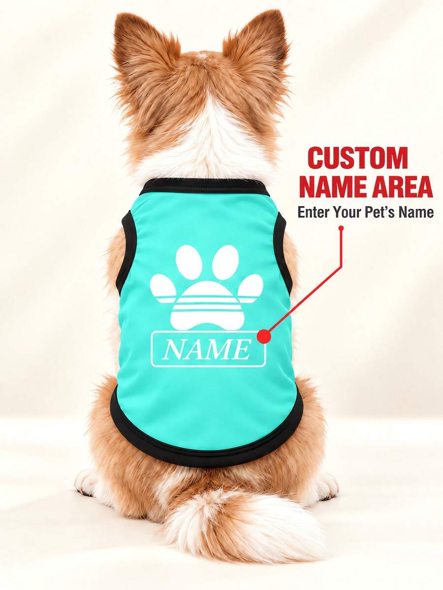 Customized Name Dog Vest, Classic Paw Print Style, 8 Colors Available, Breathable Sleeveless Pet Clothing For Small And Medium Dogs, Suitable For Daily Wear / Birthday / Halloween / Christmas - Mint Green - View 1