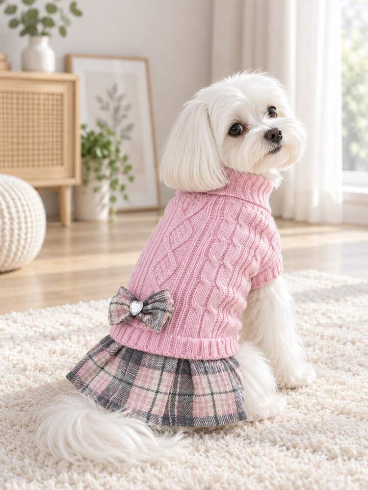 1pc Small Dog Sweater Dress, Warm High Neck Soft Knitted Clothing For Winter, Cute For Poodle, Yorkshire Terrier, Chihuahua - Pink - View 6