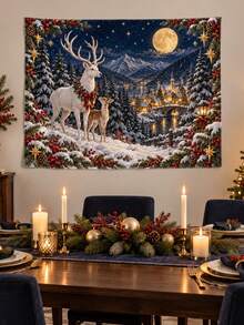 1PC Moonlit Reindeer Christmas Village Horizontal Wall Tapestry, Snowy Forest Deer Holiday Wall Hanging, Faux Ultra-Soft Polyester Single-Sided Print For Living Room Bedroom Decor, Multiple Sizes - Multicolor - View 12