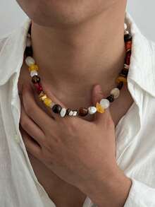 1pc Bohemian Style Multicolor Natural Stone Necklace, Warm Tone Amber Jade Asymmetrical Bead Design, Casual Everyday Versatile Long Necklace For Couples - Gold - View 5