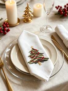 ABEST6522 Home&Living store 1pc/2pcs/4pcs Christmas Tree Embroidered Napkins, White Linen Look Fabric Napkins, Holiday Table Decor For Christmas Party & Family Dinner - Multicolor - View 7