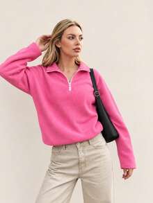 Half Zip Sherpa Pullover Drawstring Hem Cozy Athleisure Outdoor Casual Daily Fall Winter Outfits - Pink - View 1