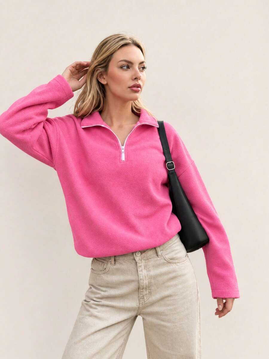 Half Zip Sherpa Pullover Drawstring Hem Cozy Athleisure Outdoor Casual Daily Fall Winter Outfits - Pink - View 1